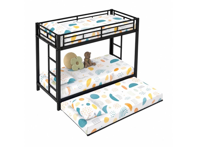  Lit superposé enfant 3 places 90×200 cm et 90×190 cm avec lit gigogne  - sans matelas, métal - noir  - Conforama A