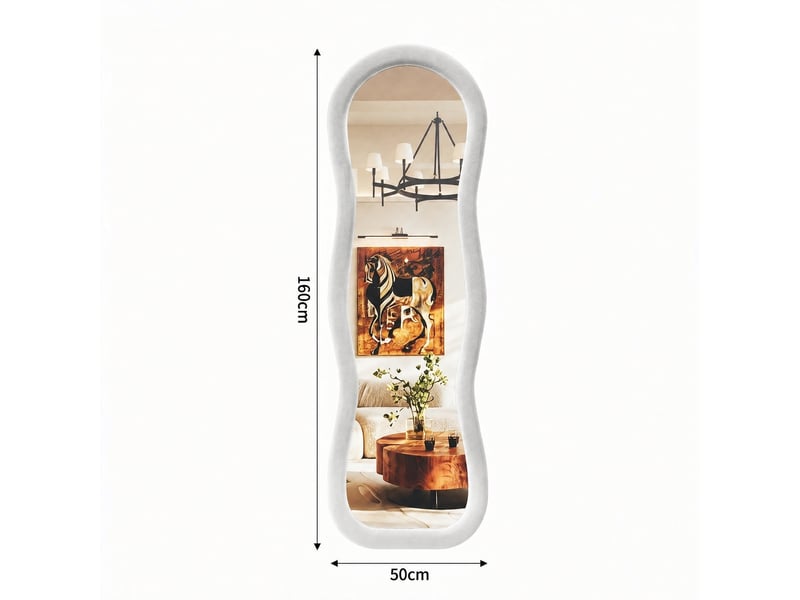  Miroir de sol ondulé 160x50 cm, cadre velours doux style scandinave, pour chambre et salon, avec pied u, verre trempé sécurisé, blanc  - Conforama E