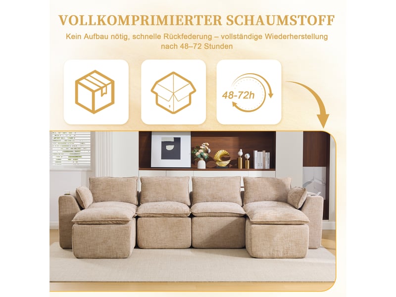 Canapé modulable d’angle en u 4 places en tissu kaki, 322 x 161 x 75 cm, sans montage, avec 2 poufs, porte-gobelets, poches latérales, livré compressé Luxe haut de gamme - Conforama E