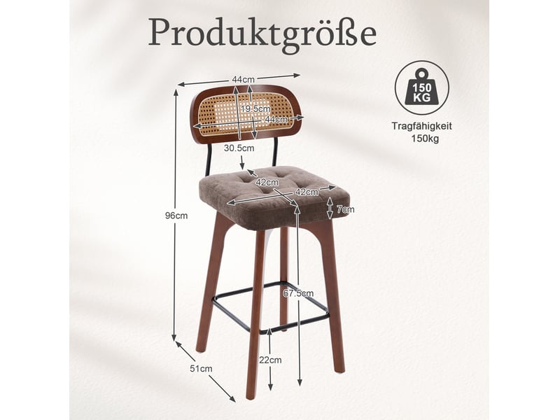 Tabourets de bar lot de 2 pivotants à 360° avec dossier en rotin, assise rembourrée en chenille marron - Conforama C