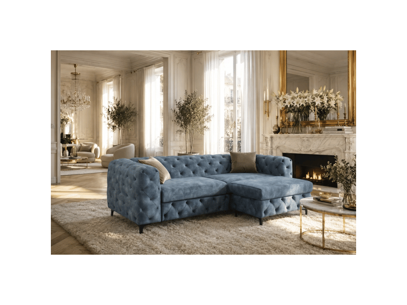 Canapé d'angle velena 4 places avec pouf – velours bleu capitonné – 235 x 74 x 157 cm - Conforama B