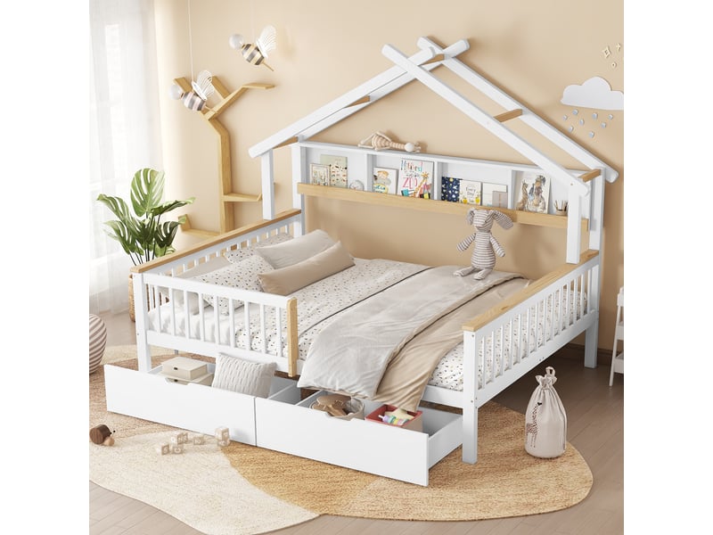  Lit cabane enfant 2 places 140 x 200 cm avec toit, garde-corps, étagère de 2 m et 2 tiroirs sur roulettes, pinmdf, blanc et effet bois naturel  - Conforama D