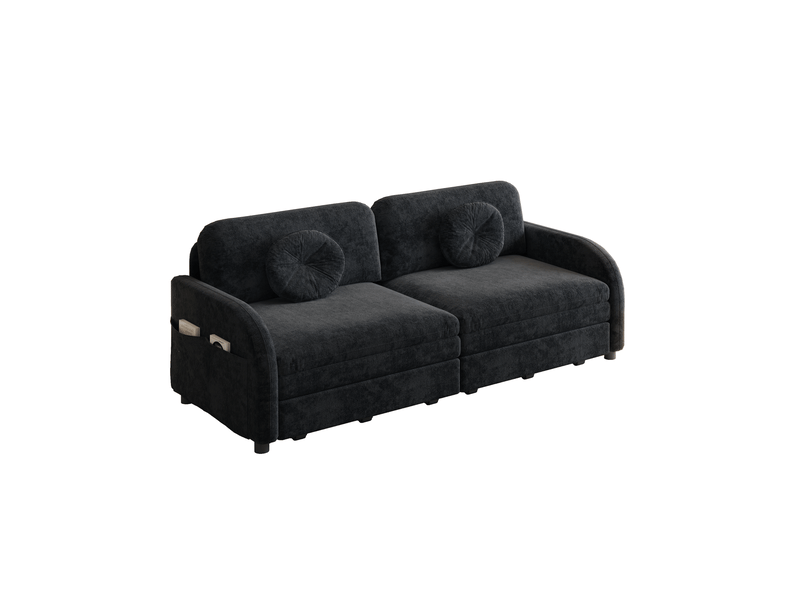  Canapé-lit 2 places 166x84x90 cm 3-en-1 avec poche latérale, pour salon, en métal, bois, mousse et tissu chenille, noir  - Conforama A