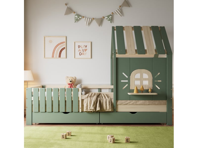  Lit enfant cabane avec toit, fenêtre et 2 tiroirs 90x200 cm vert et naturel  - Conforama C
