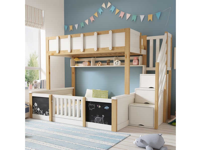 Lit superposé 90x200 + 140x200 cm, escalier avec rangement, tableaux à craie, portillon, sommiers à lattes inclus, bois, blanc et bois naturel Luxe haut de gamme - Conforama D