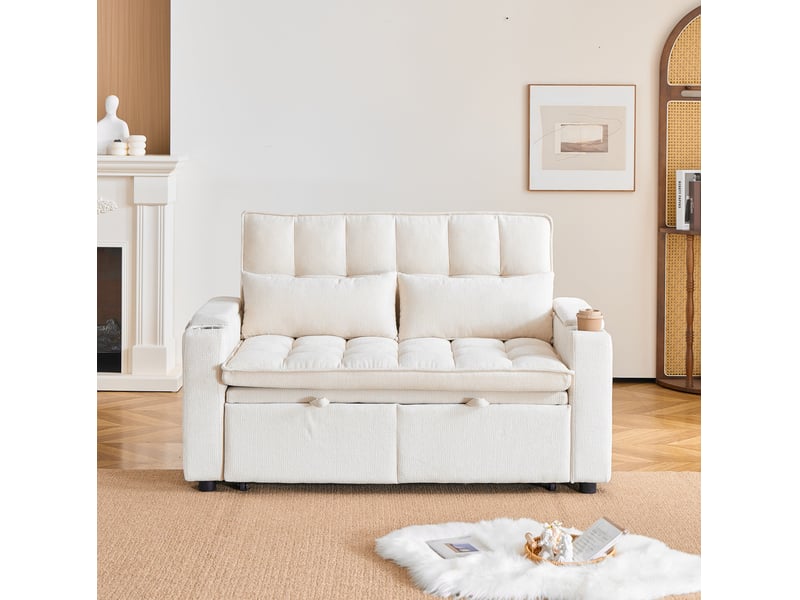 Canapé lit convertible 3 en 1 modenvie 142 cm beige en chenille avec rangements et supports pour gobelets - Conforama D