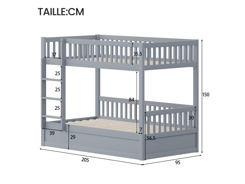  Lit superposé, lit deux places avec coffre hydraulique, échelle et barrières, 200x90 cm, sans matelas, gris  - Conforama D