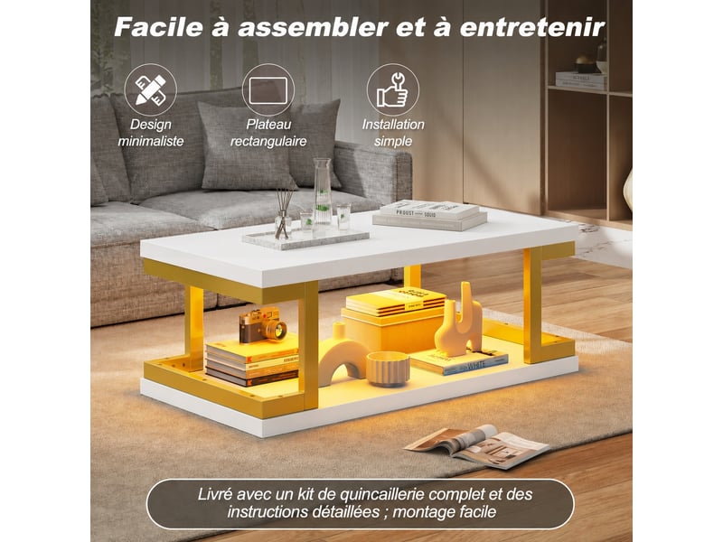Table basse led blanche et dorée, rectangulaire 100 x 50 x 37,5 cm, rangement ouvert - Conforama B