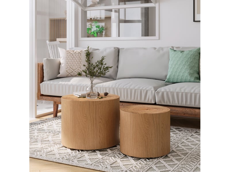  Lot de 2 tables basses gigognes rondes style campagne – bois naturel et mdf – ø 4838 cm  - Conforama C