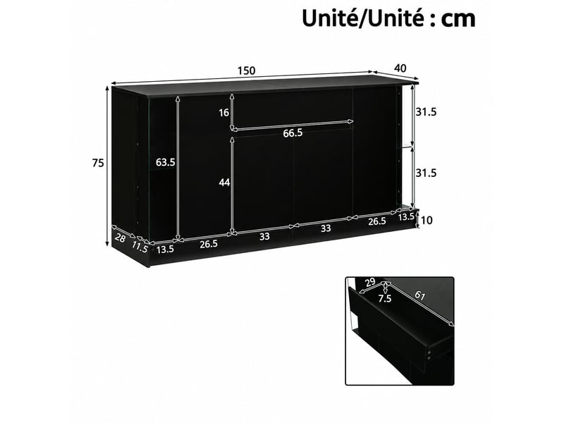 Buffet noir avec vitrines en verre, éclairage led contrôlé par application, 150 cm  - Conforama C