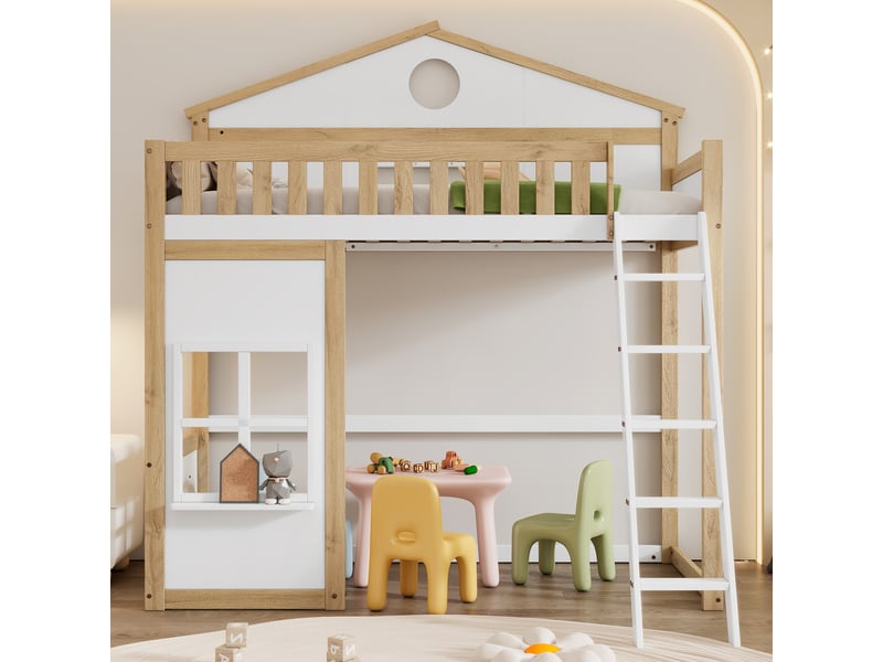 Lit superposé 90x200 cm cabane enfant - avec fenêtres et toit, barrière de sécurité et espace libre dessous - sans matelas - bois pin + mdf - blanc et naturel - Conforama C