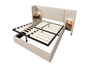 Lit double 160x200 cm avec coffre de rangement, tête de lit étagère, liseuse led et ports usbtype-c, tissu lin beige
