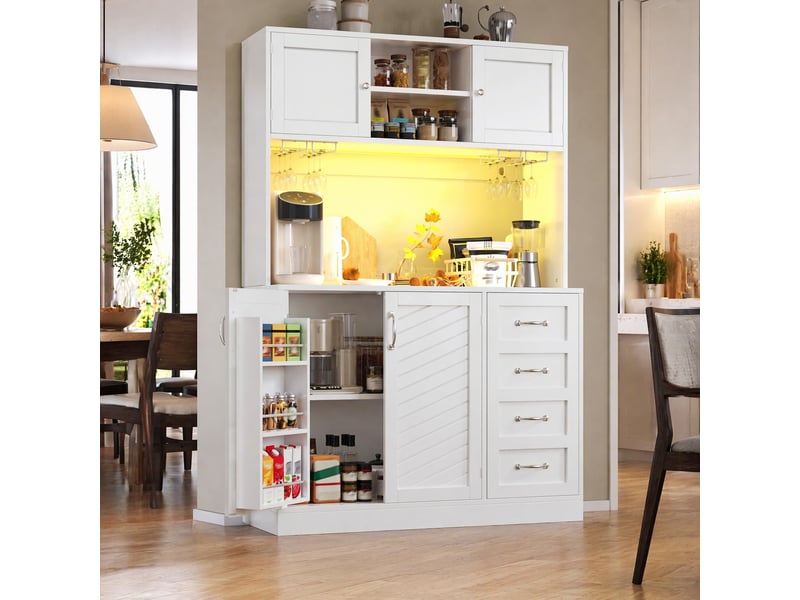  Buffet de cuisine blanc 120 x 40 x 188 cm avec led, 4 portes et 4 tiroirs  - Conforama B