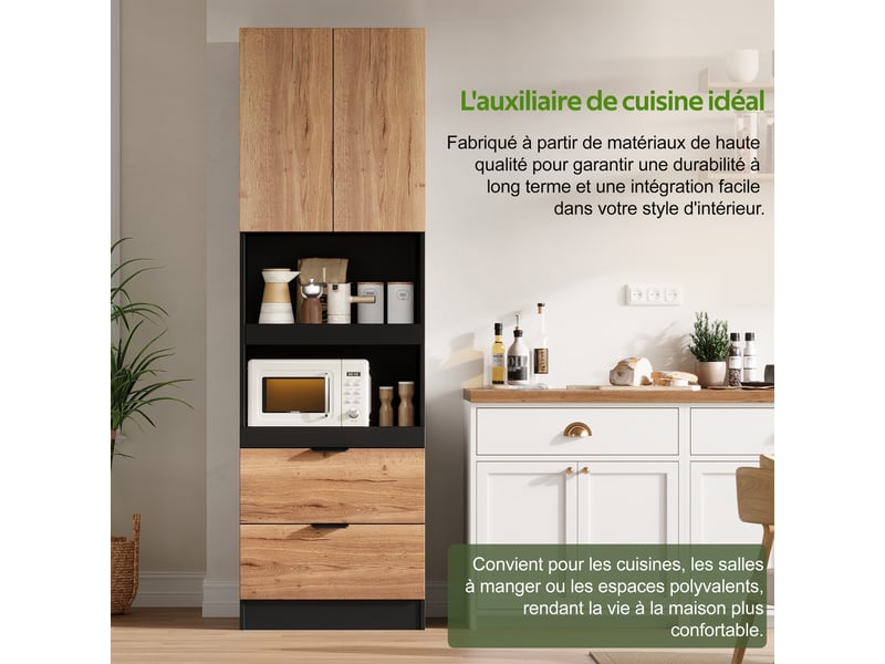  Meuble de cuisine muvano, meuble de rangement pour micro-ondes, 2 tiroirs, noir, hauteur 200 cm  - Conforama B