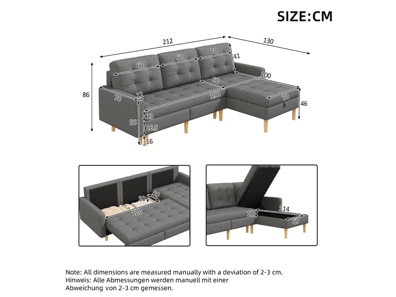  Canapé d’angle gris, canapé en l 3 places avec méridienne réversible et rangement, 212 x 130 x 86 cm pour petit salon  - Conforama B