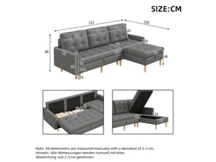 Canapé d’angle gris, canapé en l 3 places avec méridienne réversible et rangement, 212 x 130 x 86 cm pour petit salon