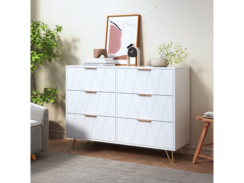  Commode 6 tiroirs - design géométrique - pieds épingles dorés – style luxe léger moderne - anti-basculement - 100x34x72.5cm - blanc  - Conforama C