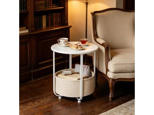 Table d'appoint ronde avec panier de rangement en métal et bois blanc ø45x50 cm