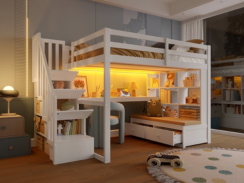  Lit mezzanine 140x200cm avec bureau et étagères, deux tiroirs intégrés et escalier de rangement, blanc  - Conforama B