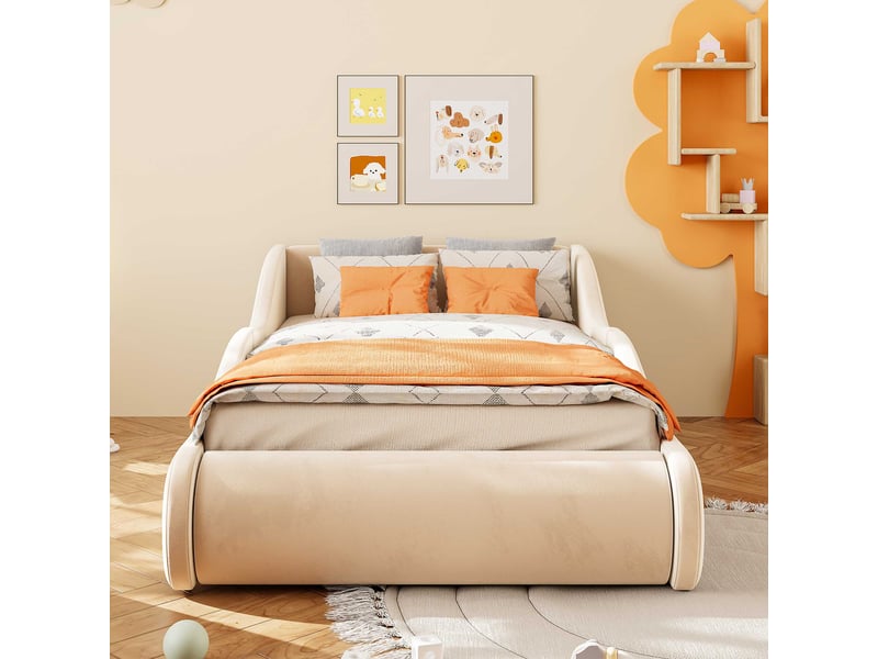  Lit enfant rembourré 90x200 cm, tête de lit haute avec protections latérales, revêtement tissu doux beige, design moderne  - Conforama D