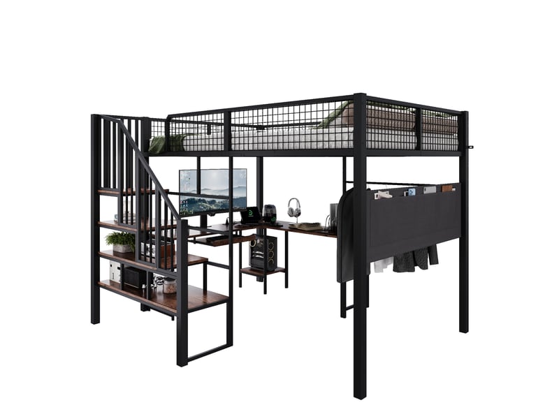  Lit mezzanine avec bureau, 140×200cm, avec escalier et étagères ouvertes, lit structure en métal, noir  - Conforama A