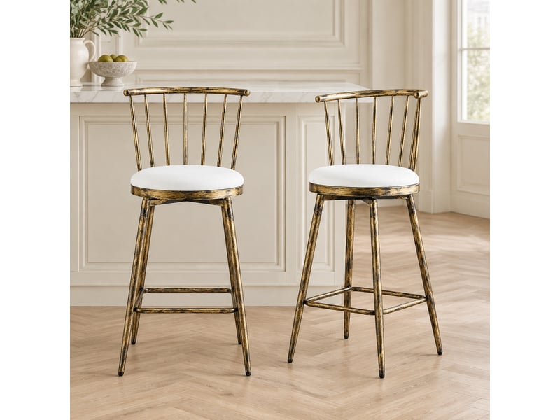  Tabouret de bar en métal style windsor avec assise rembourrée - lpospi - repose-pieds, simili cuir - marron et blanc  - Conforama C