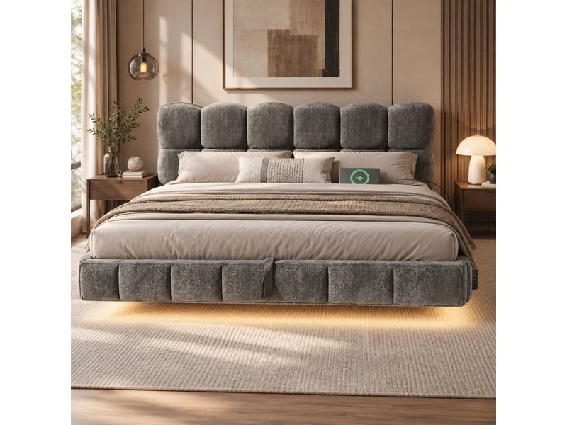  Lit double rembourré 140x190 cm effet suspendu, design nuage, rangement hydraulique, led, usbtype-c, chenille gris, sans matelas Fay Lum - Conforama E