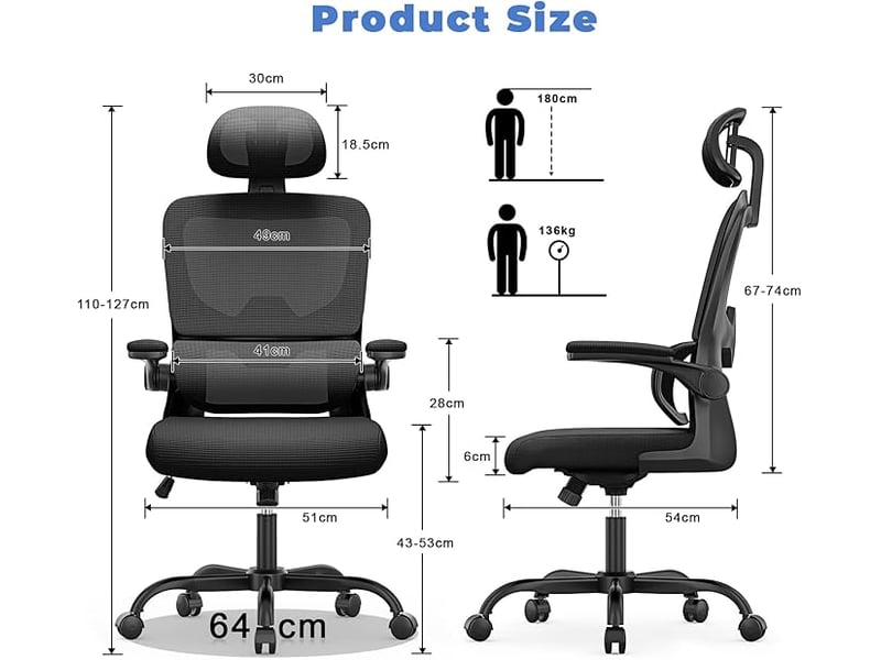  Chaise de bureau ergonomique: fauteuil bureau avec support lombaire en c,dossier et appui-tête réglables,reversible armrest,siege en maille respirante convient à la maison bureau ,lecture,noir  - Conforama C