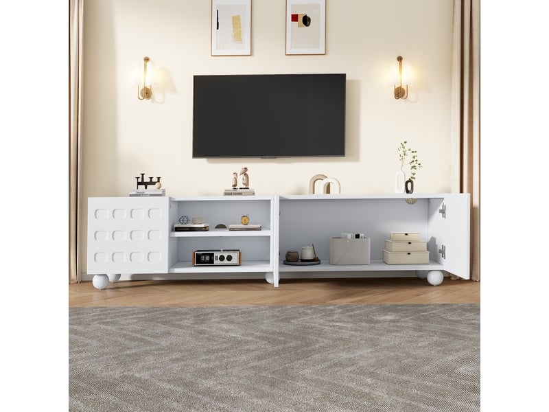  Meuble tv 200 cm blanc 3 portes avec motifs imprimés, pour téléviseur jusqu'à 80 pouces, 5 pieds stables  - Conforama E