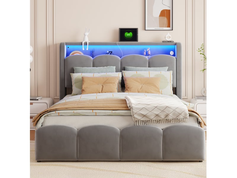  Lit double 140 × 200 cm avec coffre hydraulique, rangement en tête de lit, led et ports usb pour chambre  - Conforama D
