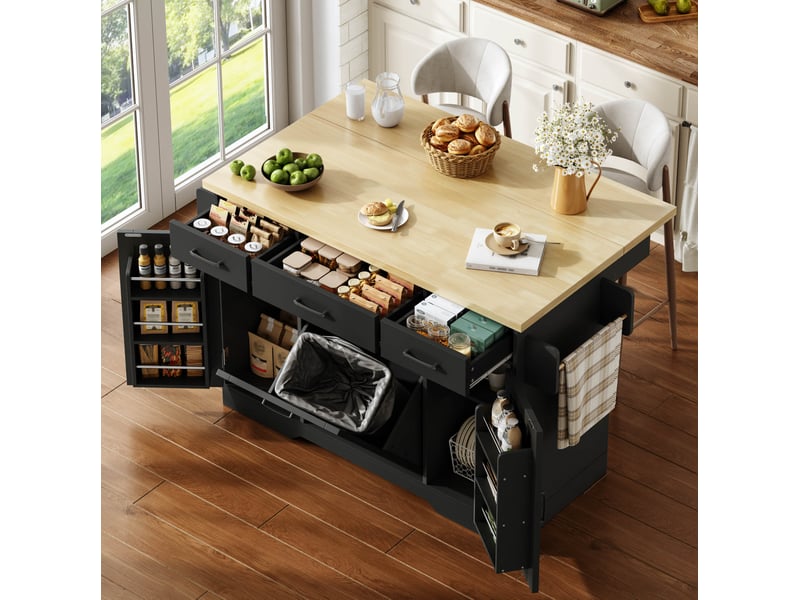  Îlot de cuisine mobile 120x4570x87 cm – noir – plateau rabattable, rangement intégré et roulettes  - Conforama B