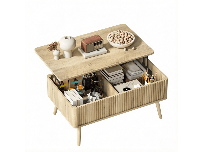  Table basse relevable avec 2 rangements cachés, plateau relevé et pieds en pin, mdf chêne pour salon 91 × 56 × 43 cm  - Conforama A