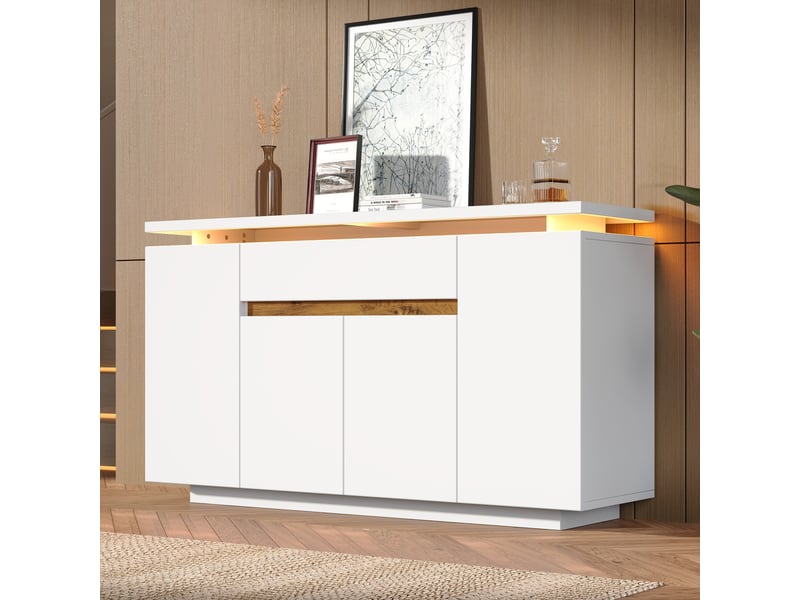  Buffet led 4 portes 1 tiroir en panneau de particules blanc 140 x 40 x 80 cm  - Conforama E