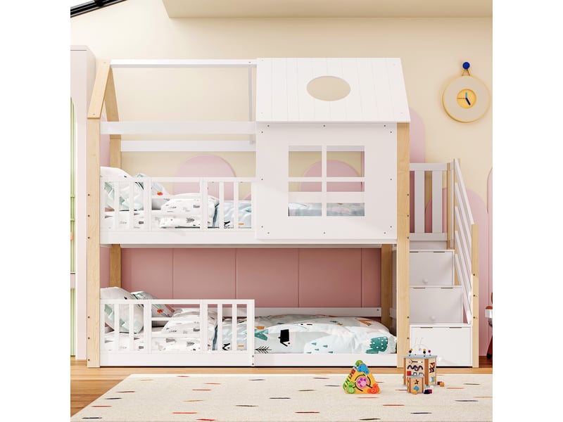  Lit superposé 90x200 cm, lit cabane enfant avec escalier de rangement et barrière de sécurité, en bois de pin et mdf, blanc  - Conforama C