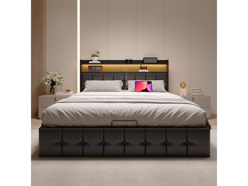 Lit cadre de rangement 160×200cm, avec rangement à assistance hydraulique, lit revêtu en pu noir, tête de lit avec éclairage led et port usb, lit double moderne, matelas non inclus 231225HGY0102#ADHWiFpL4oFRHF - Conforama E