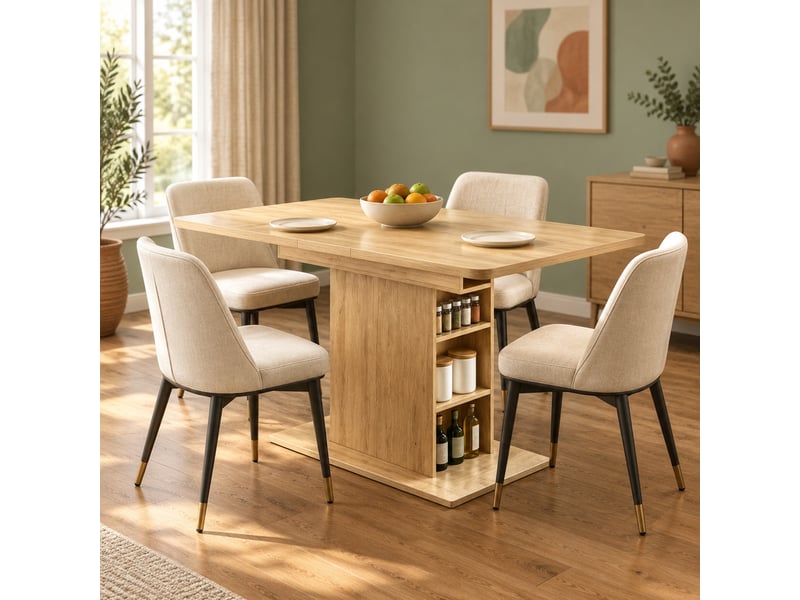  Table à manger extensible 4 à 6 personnes avec 6 étagères - lpospi - rangement central mdf naturel 110-130 cm  - Conforama C