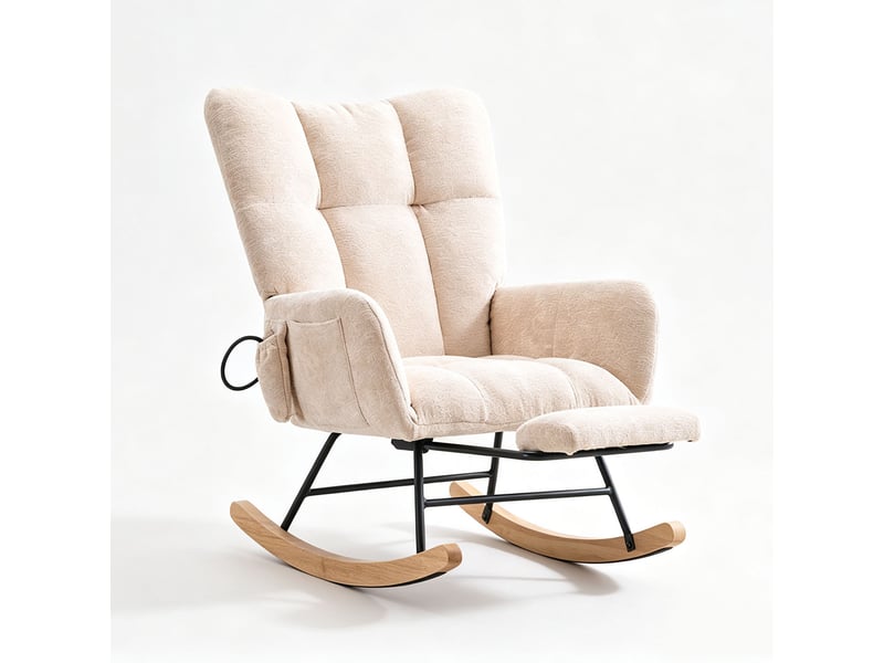  Chaise à bascule ergonomique en tissu chenille beige avec repose‑pieds rétractable, poche de rangement, structure métal et bois massif, charge 120 kg  - Conforama A