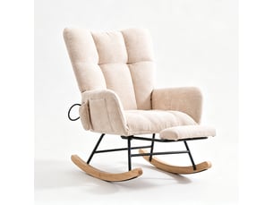 Chaise à bascule ergonomique en tissu chenille beige avec repose‑pieds rétractable, poche de rangement, structure métal et bois massif, charge 120 kg