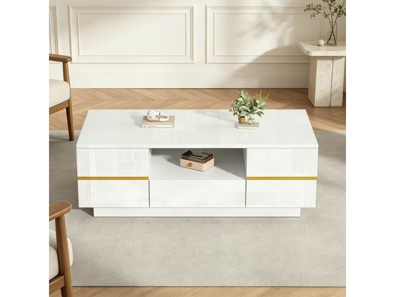  Table basse avec led et rangement 100x50x35.5 cm en mdf blanche et dorée  - Conforama B