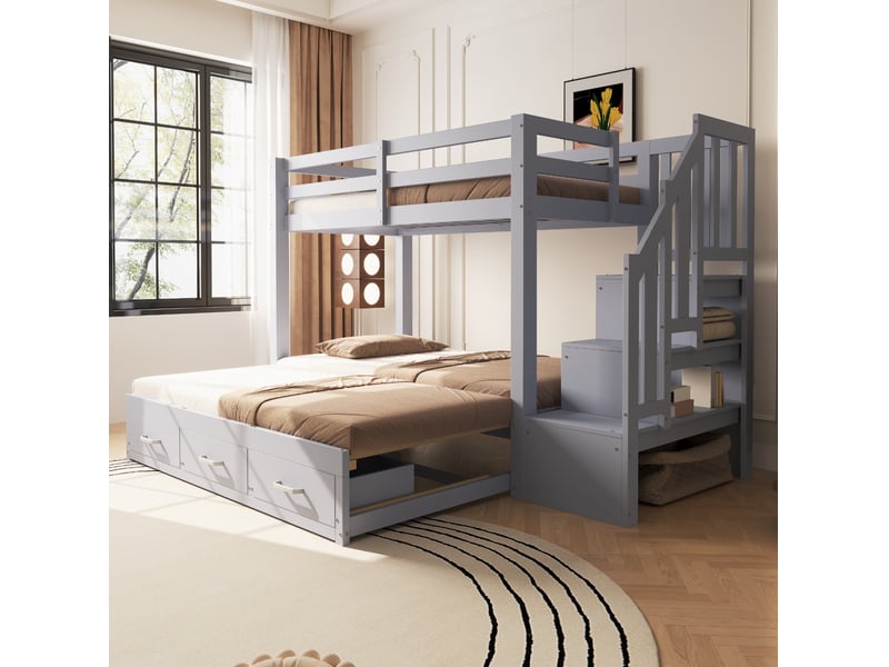  Lit mezzanine extensible 90 x 200 cm avec 3 tiroirs et escalier de rangement bois gris sans matelas  - Conforama E