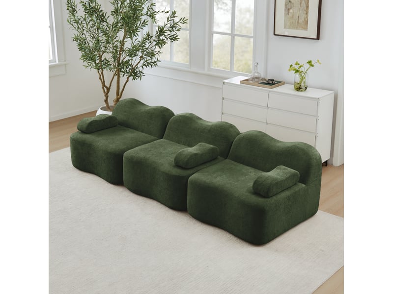  Canapé modulable 3 places vert en velours, forme ondulée  - Conforama B