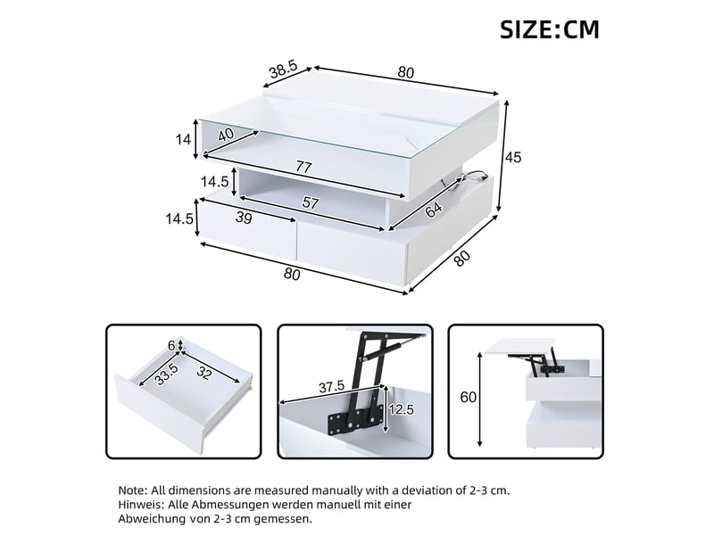  Table basse elevable carrée blanc - 80x80 cm led panneau de particules table basse blanc - Conforama C