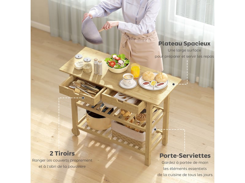  Desserte de cuisine à roulettes en bambou, chariot de cuisine avec 2 tiroirs, 2 étagères, bois naturel, 100 x 43 x 75 cm  - Conforama A