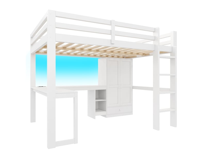 Lit mezzanine 90x200 cm - avec bureau, étagères et armoire avec 1 tiroir - port usb et éclairage led - mdf - blanc (sans matelas) - Conforama W