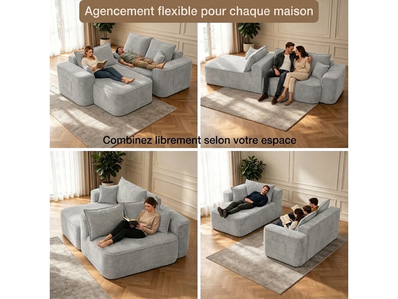  Canapé d'angle modulable avec méridienne, assise profonde xxl, sans montage, tissu chenille gris  - Conforama D