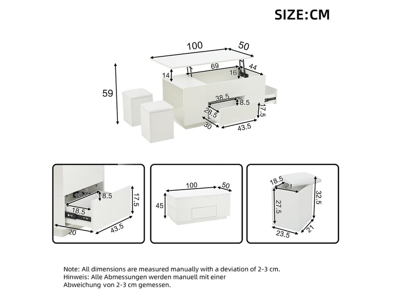  Table basse relevable 100 x 50 x 45 cm avec led, 2 tiroirs et 2 tabourets blanche  - Conforama E