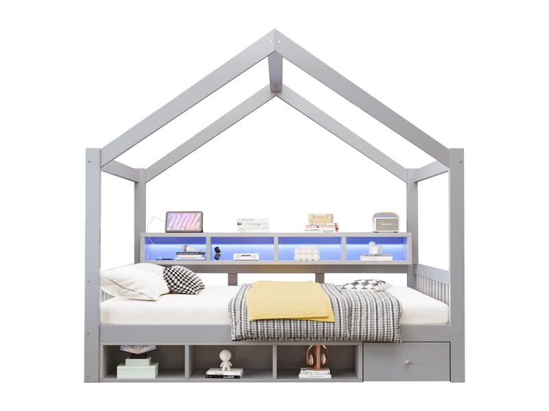 Lit cabane 140x200 cm avec toit, led et prise usb, lit enfant en bois avec étagères, tiroirs de rangement et garde-corps - gris - Conforama A