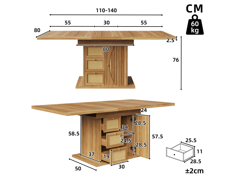  Table à manger extensible 110-140 x 80 x 76 cm, avec 3 tiroirs et placard fermé, façades aspect rotin, poignées dorées, marron  - Conforama C