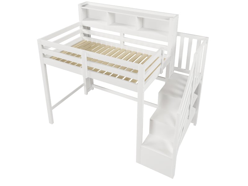 Lit mezzanine blanc 90x200 cm, led, grand espace inférieur et escalier-rangement - Conforama E
