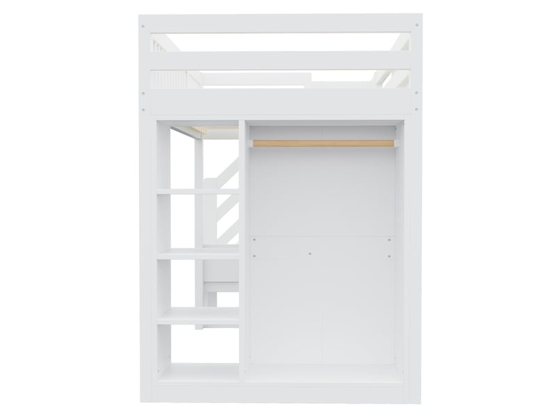 Lit superposé bois 90x200cm, rambarde unique, bureau, led, prise, étagères ouvertes, armoire et échelle avec rangements, blanc  - Conforama E